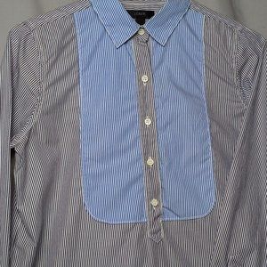 J Crew Popover Bib Blue Striped Shirt‎ Sz O Women's Button Long Sleeves
